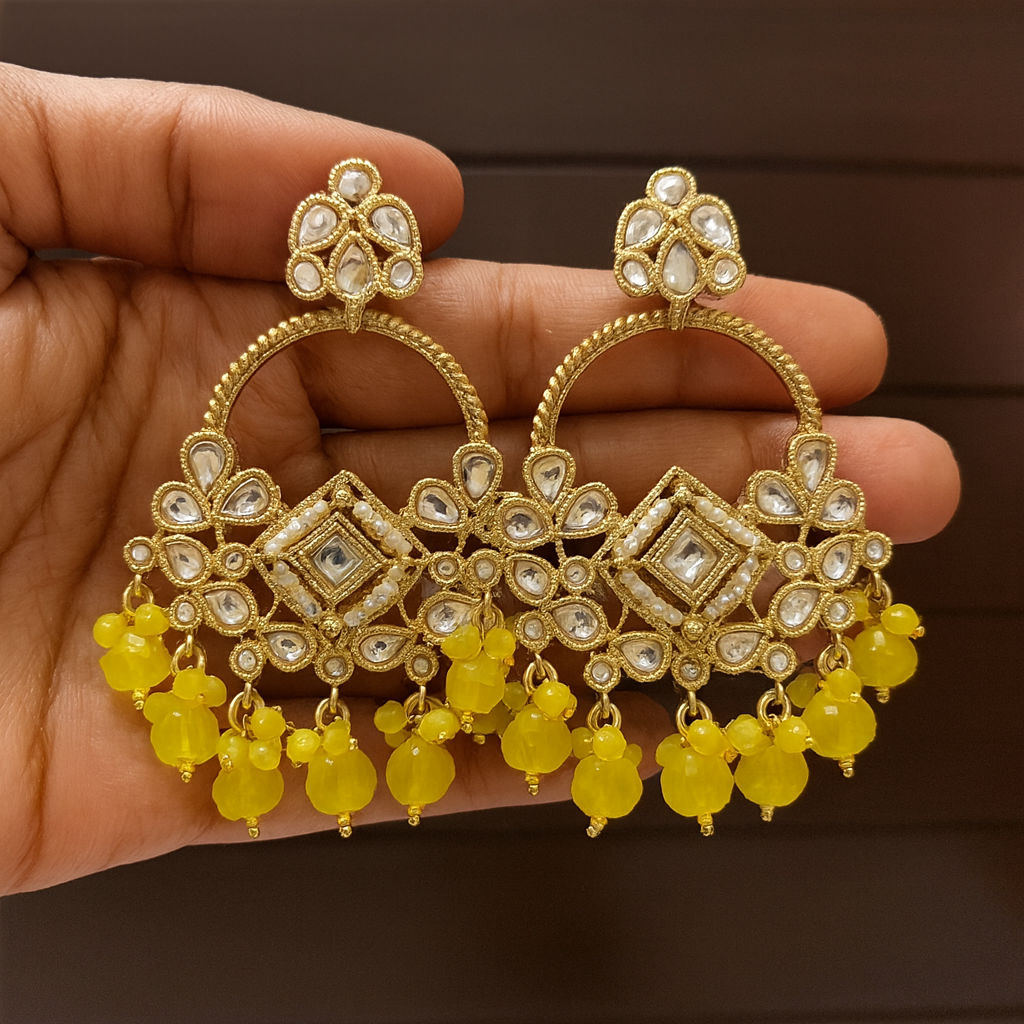 Festive Gold Kundan Chandbalis with Yellow Beads