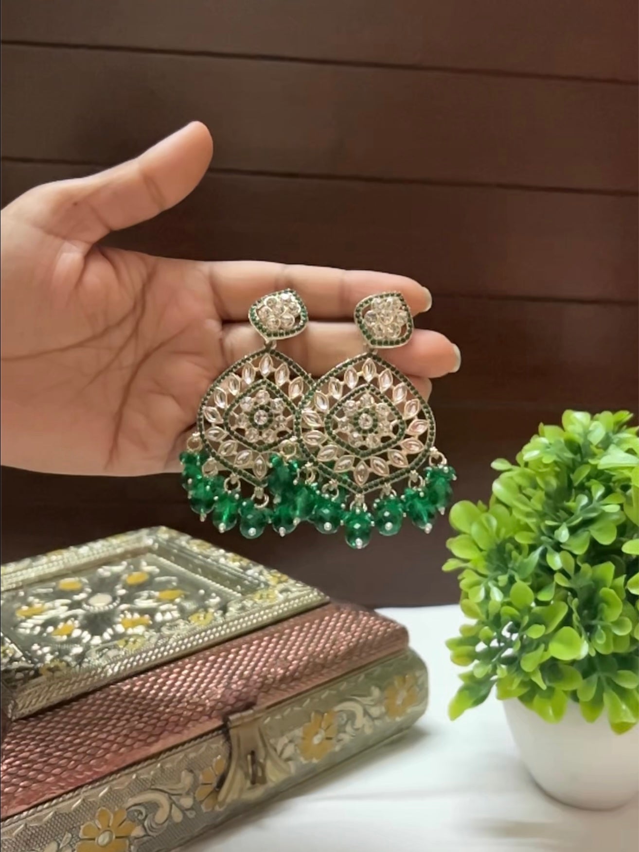 Handcrafted Oxidised Chandbali Earrings in Green & White