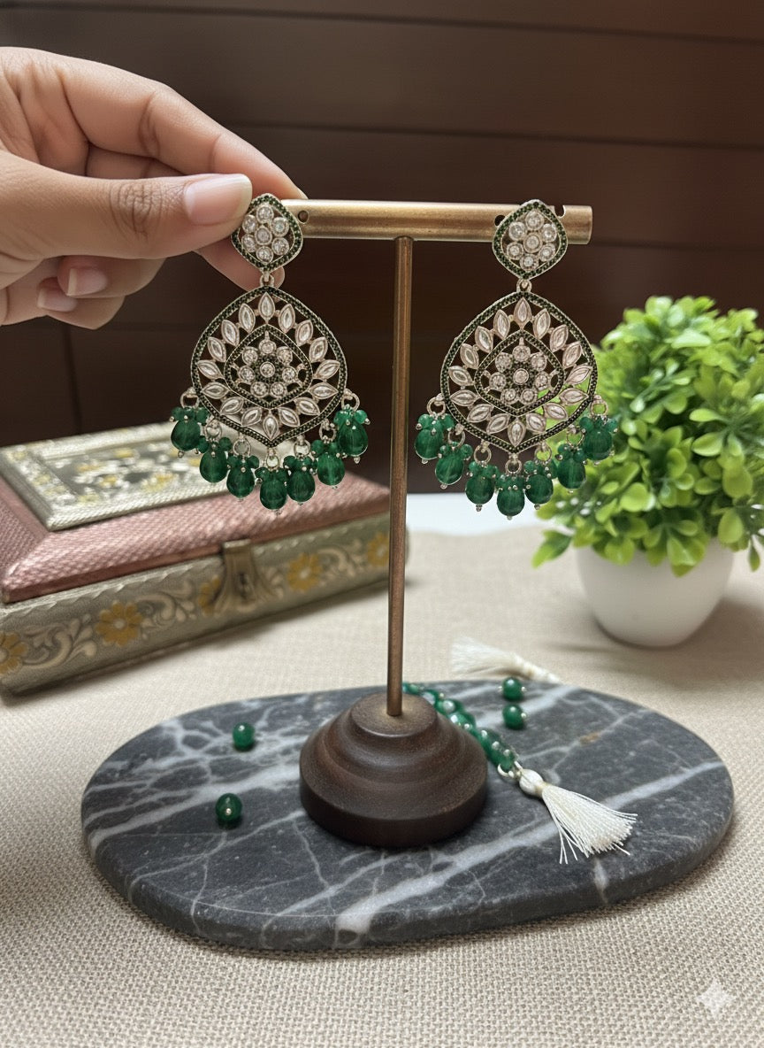 Handcrafted Oxidised Chandbali Earrings in Green & White