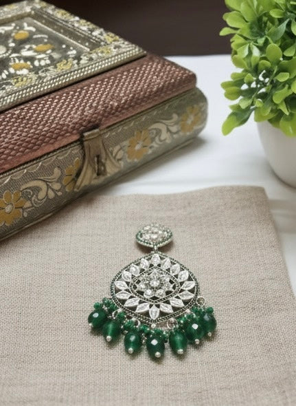 Handcrafted Oxidised Chandbali Earrings in Green & White