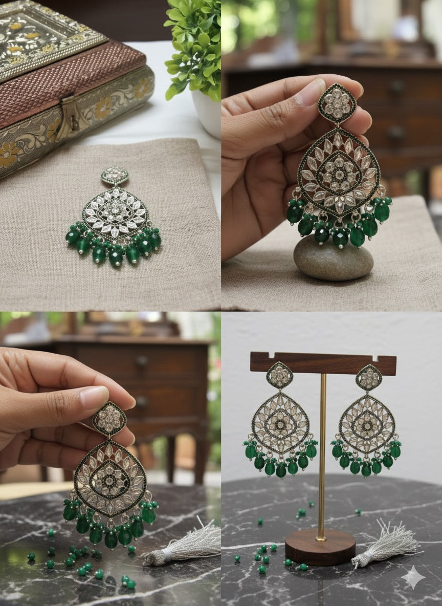 Handcrafted Oxidised Chandbali Earrings in Green & White