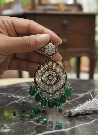 Handcrafted Oxidised Chandbali Earrings in Green & White