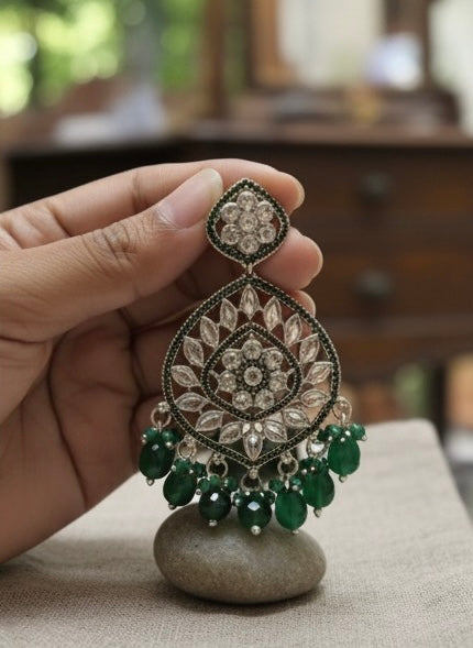 Handcrafted Oxidised Chandbali Earrings in Green & White