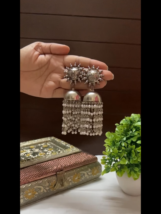 Boho Oxidised Statement Earrings with Crystal Dangling Chains