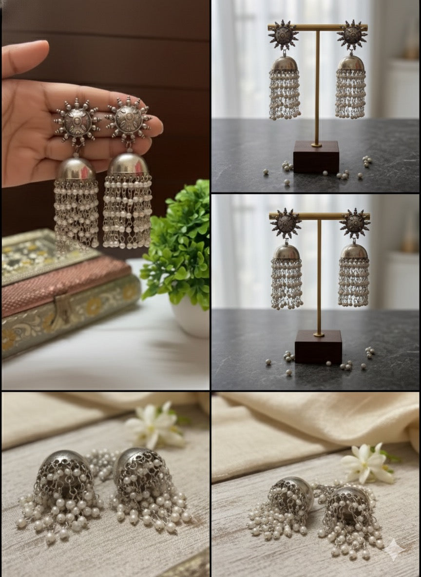 Boho Oxidised Statement Earrings with Crystal Dangling Chains