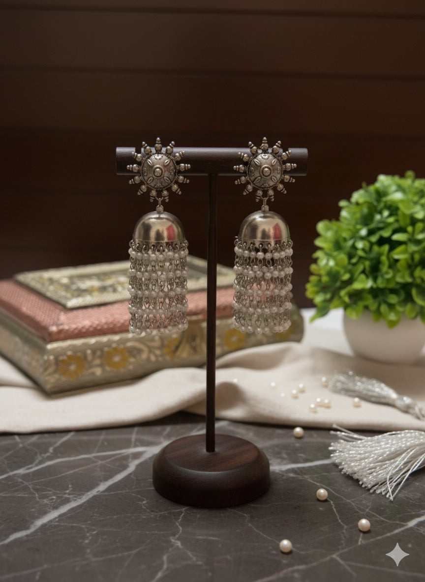 Boho Oxidised Statement Earrings with Crystal Dangling Chains