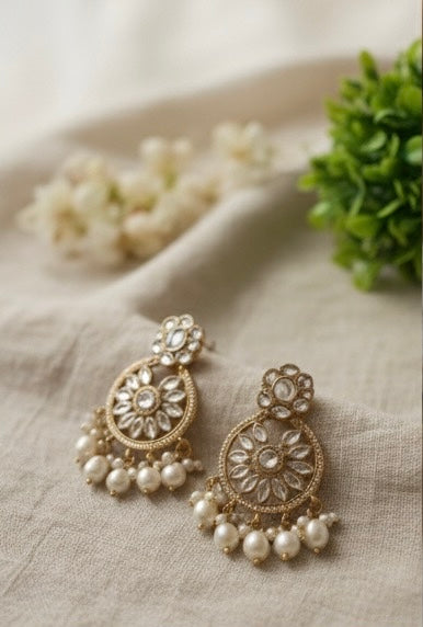 Pearl Drop Kundan Floral Chandbali Earrings