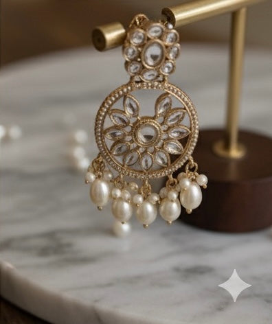 Pearl Drop Kundan Floral Chandbali Earrings