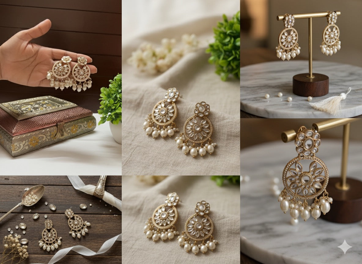 Pearl Drop Kundan Floral Chandbali Earrings