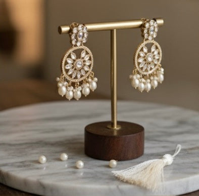 Pearl Drop Kundan Floral Chandbali Earrings