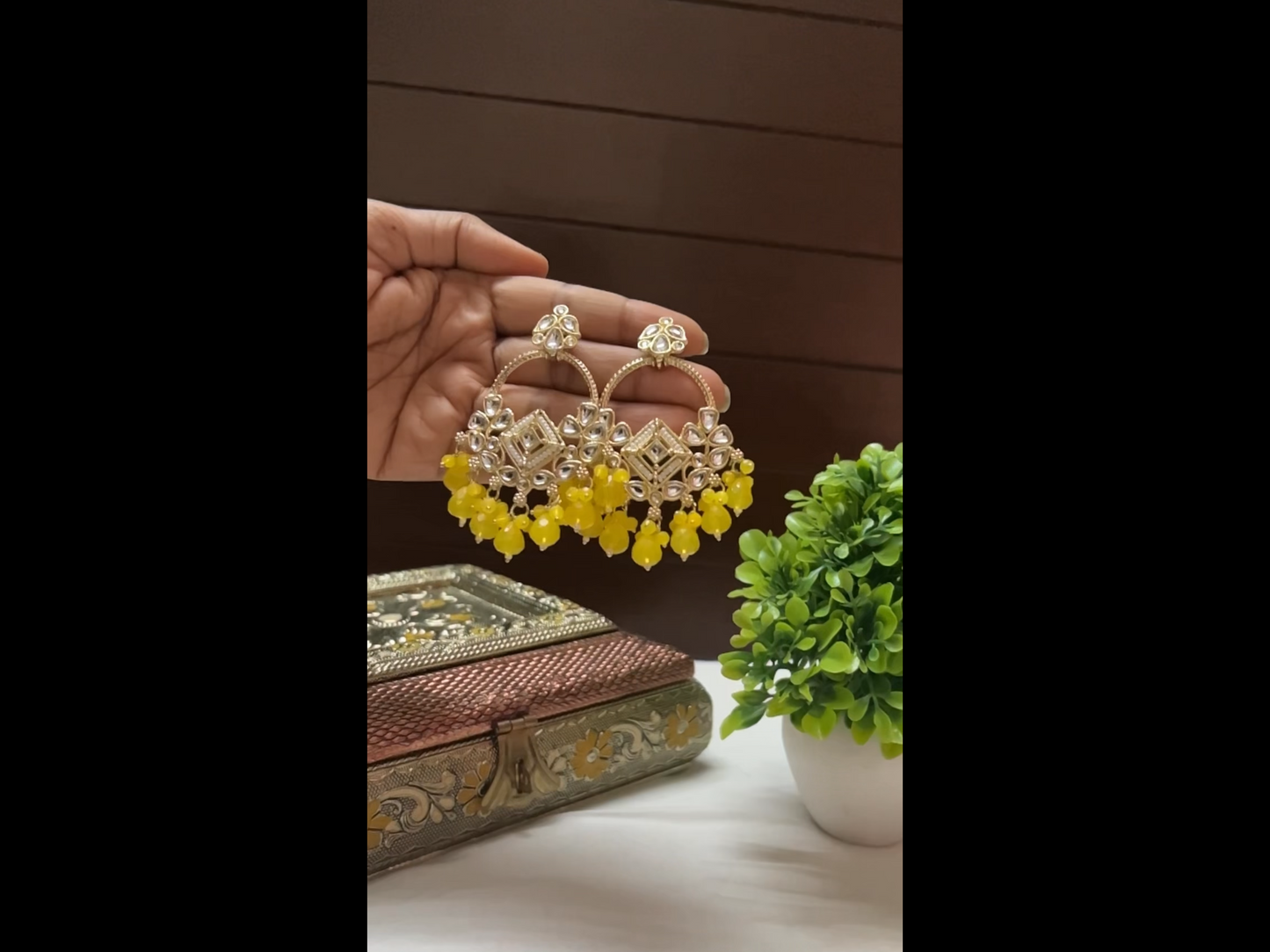 Festive Gold Kundan Chandbalis with Yellow Beads