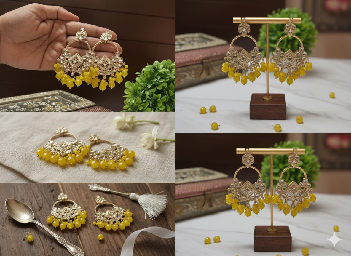 Festive Gold Kundan Chandbalis with Yellow Beads