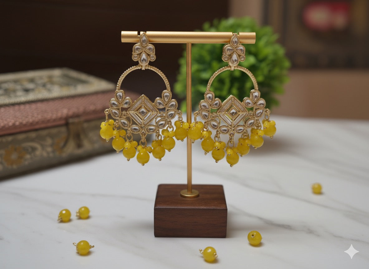 Festive Gold Kundan Chandbalis with Yellow Beads