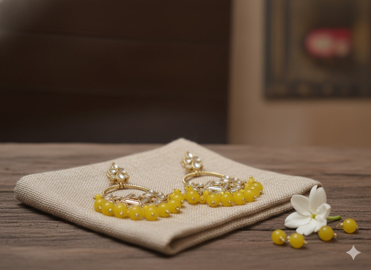 Festive Gold Kundan Chandbalis with Yellow Beads