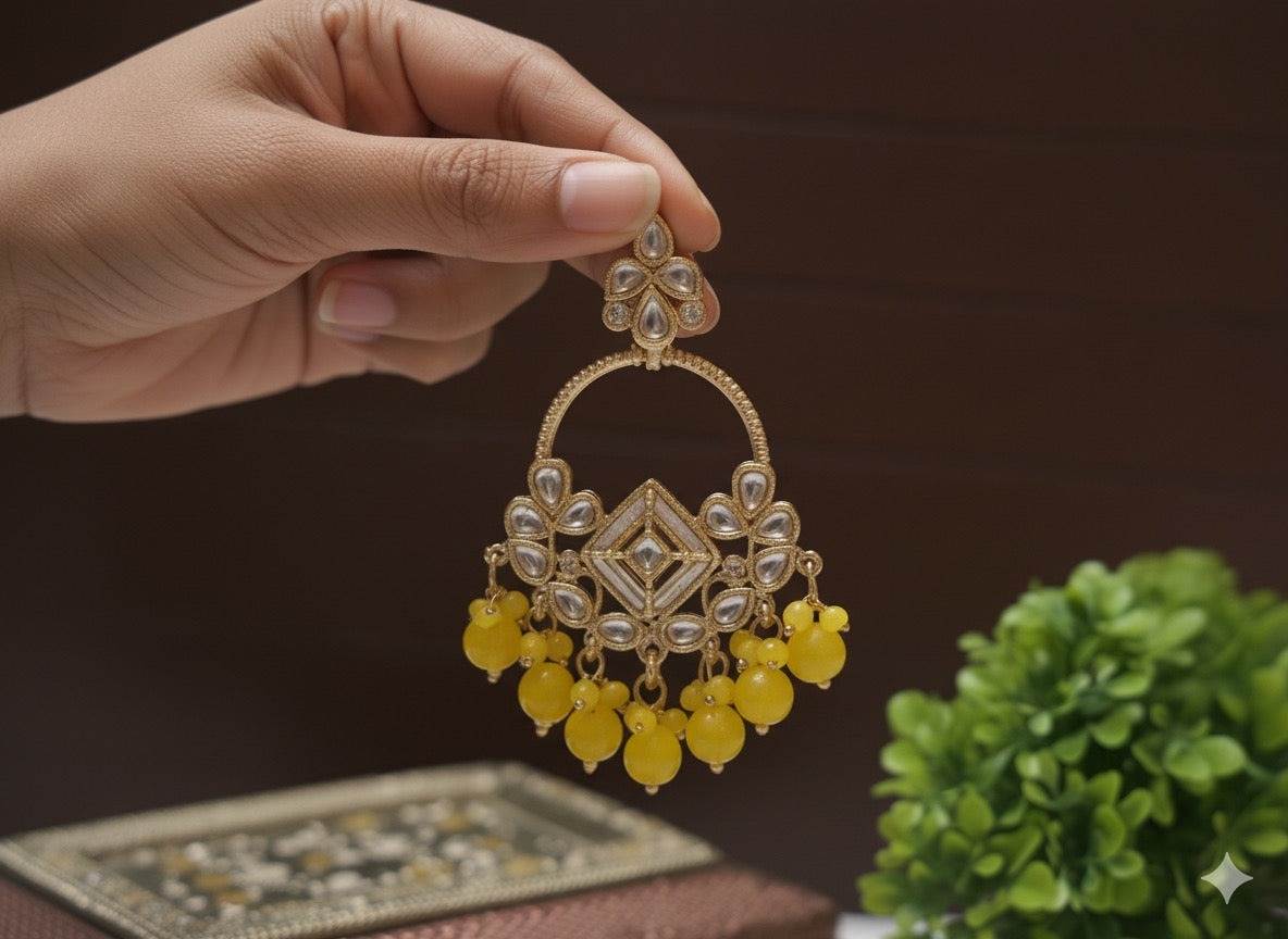 Festive Gold Kundan Chandbalis with Yellow Beads