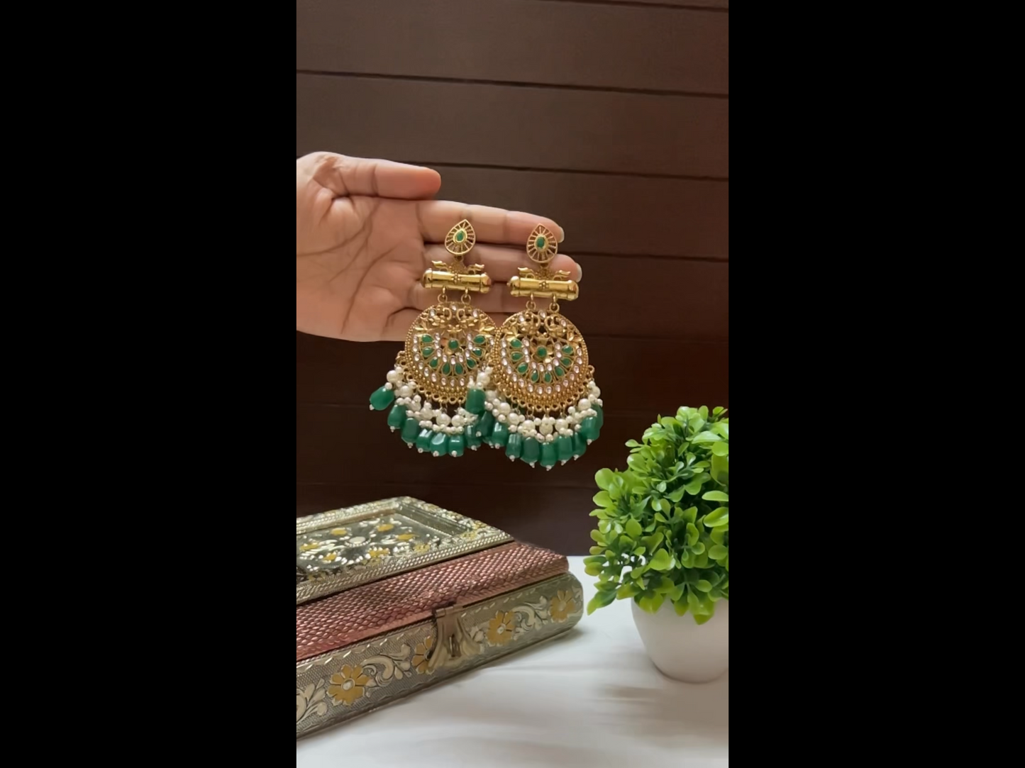 Traditional Green Kundan Chandbali Earrings
