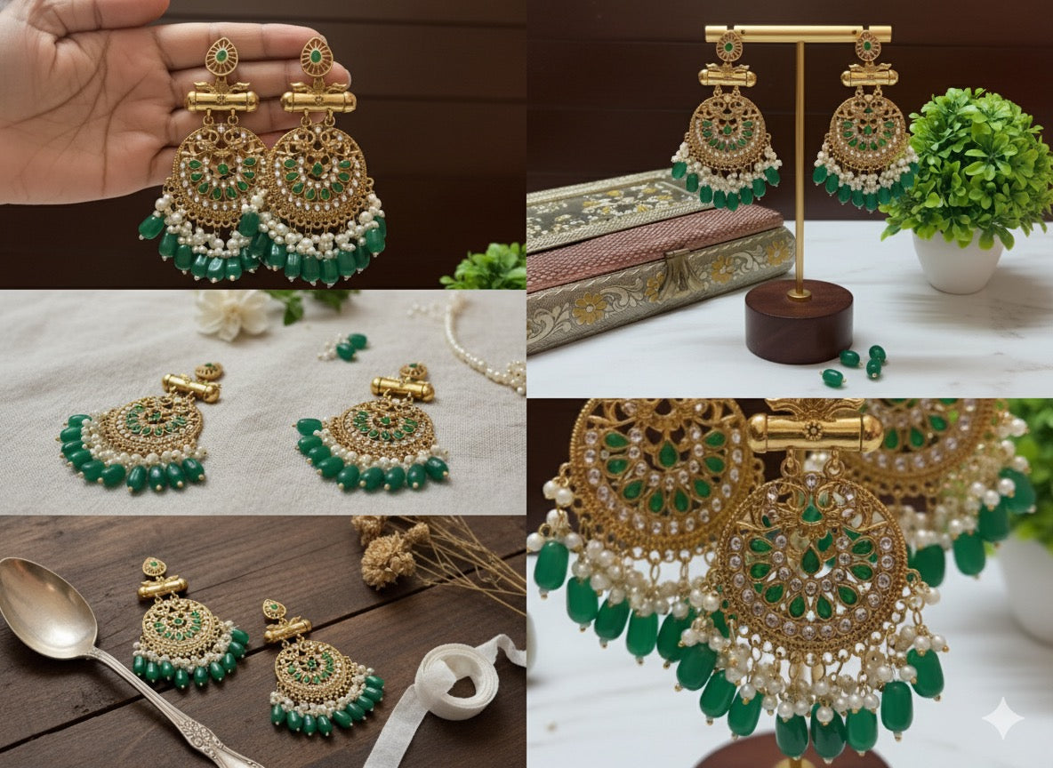 Traditional Green Kundan Chandbali Earrings