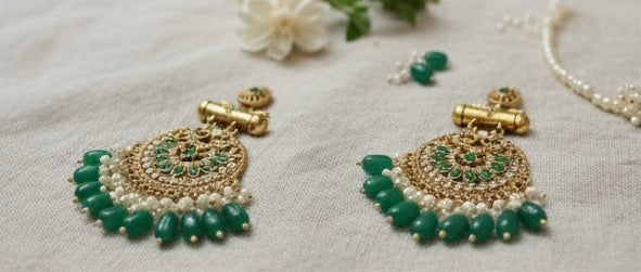 Traditional Green Kundan Chandbali Earrings