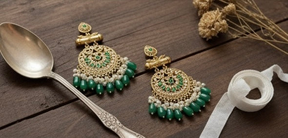 Traditional Green Kundan Chandbali Earrings