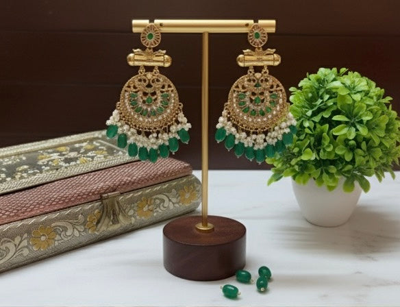 Traditional Green Kundan Chandbali Earrings